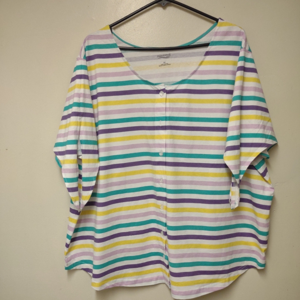Freedom Fit Women's White Cotton  Striped Plus Size Button Down Blouse Size 3X
